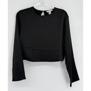 HM Womens Black Satin Cropped Long Sleeve Blouse Keyhole Back Sz M NEW